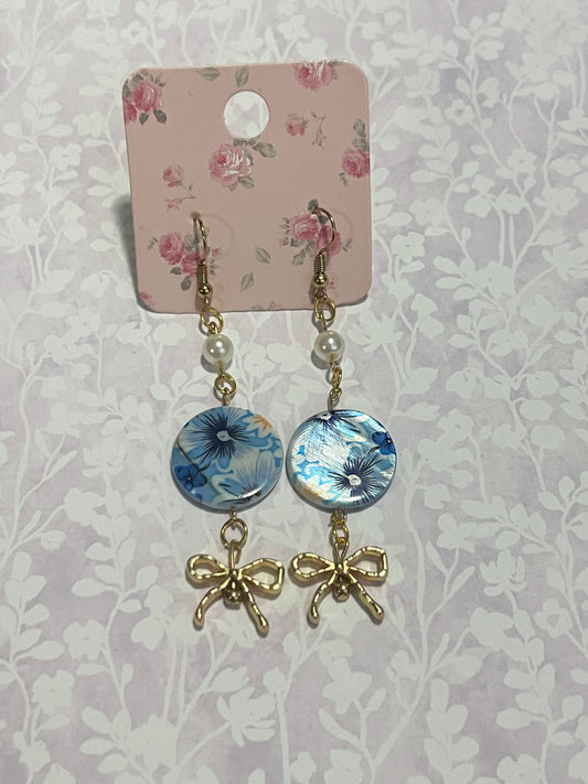 Blue flower bow earrings